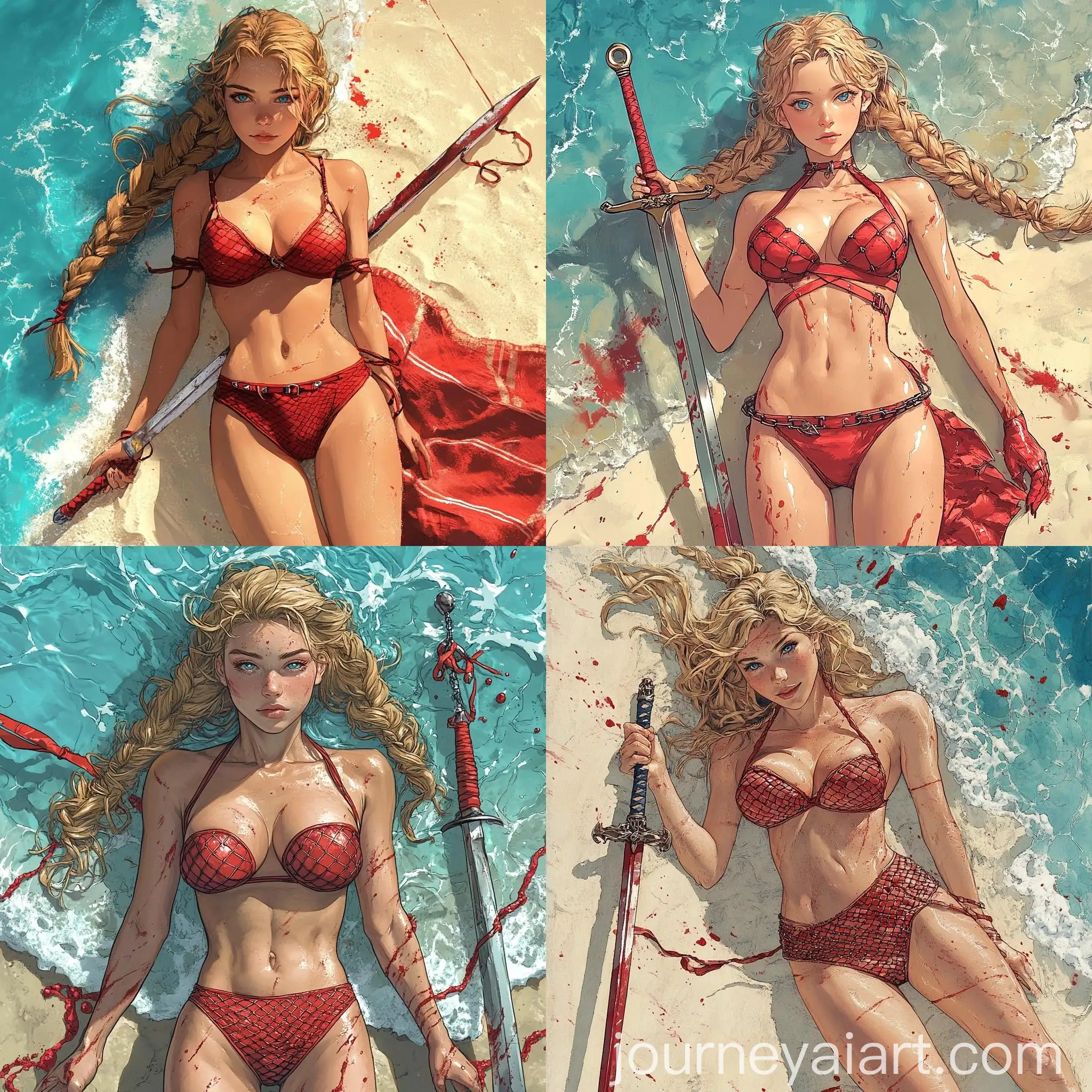 Beautiful-Blonde-Woman-in-Red-Chainmail-Bikini-with-Sword-on-Beach