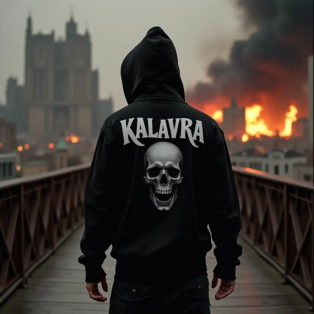 a young rapper dressed in black and with a hood, is walking on a bridge, he is facing away, in the background you can see a burning and destroyed city, on his back is written the word 'KALAVRA' with a sinister skull