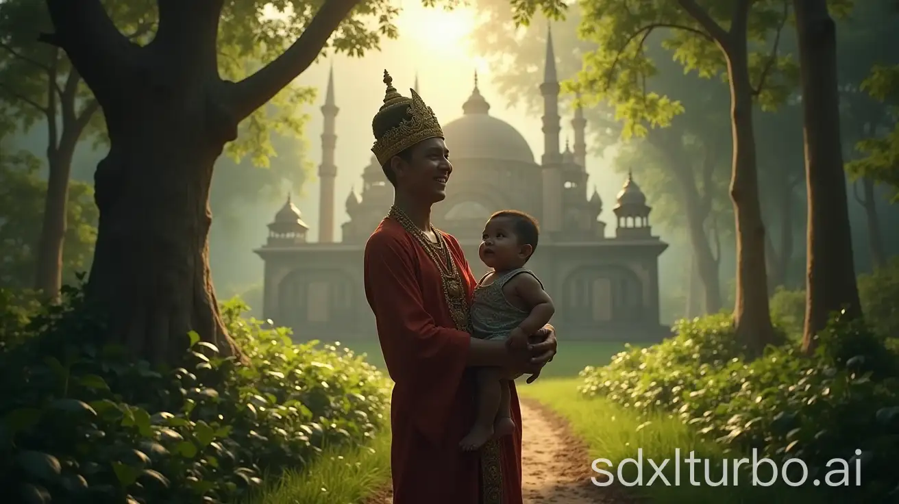 Javanese-Prince-Holding-Baby-in-Mosque-Setting-Amidst-Forest