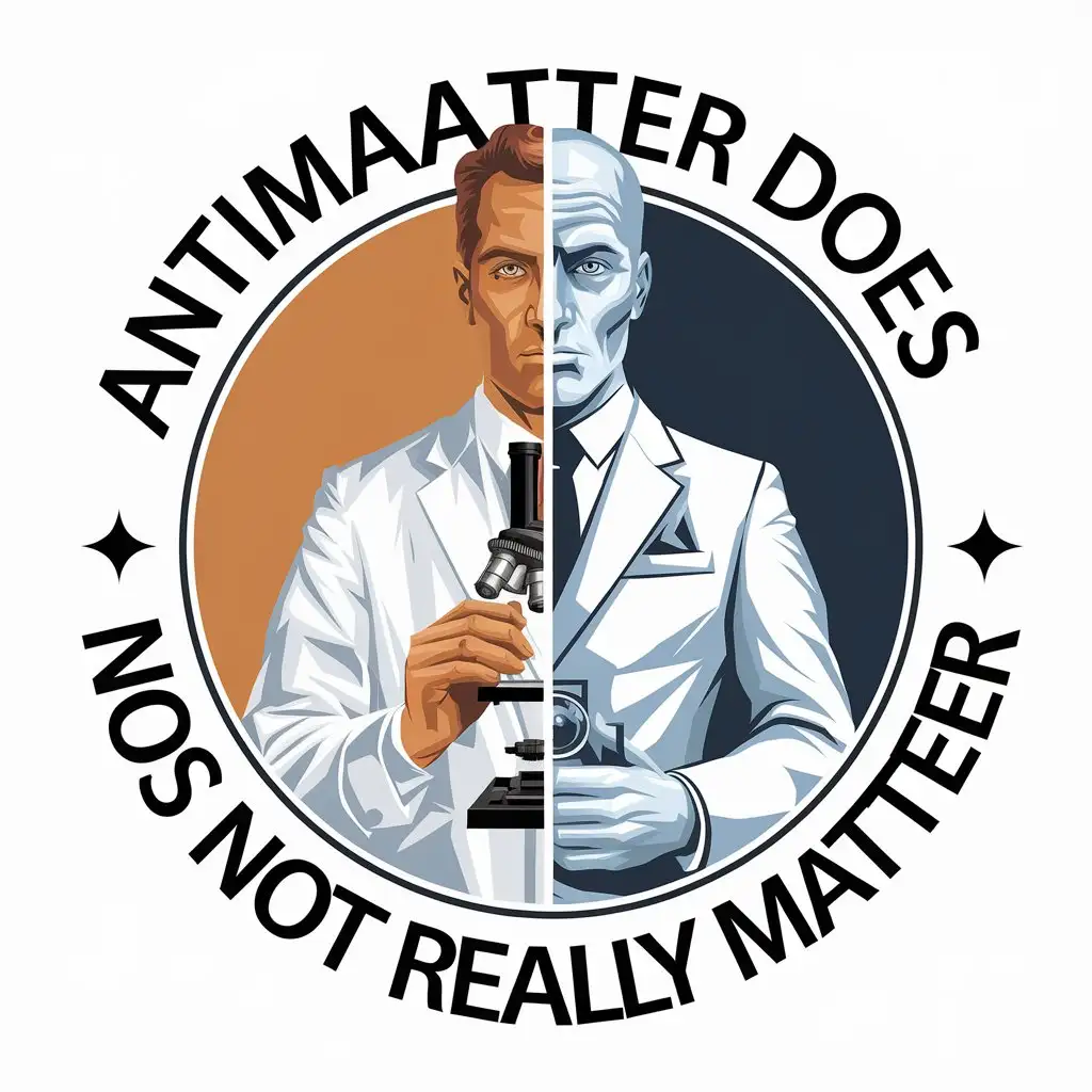 LOGO Design for Antimatter Does Not Really Matter Scientist Split in Two with Vintage Instruments in Constructivist Style