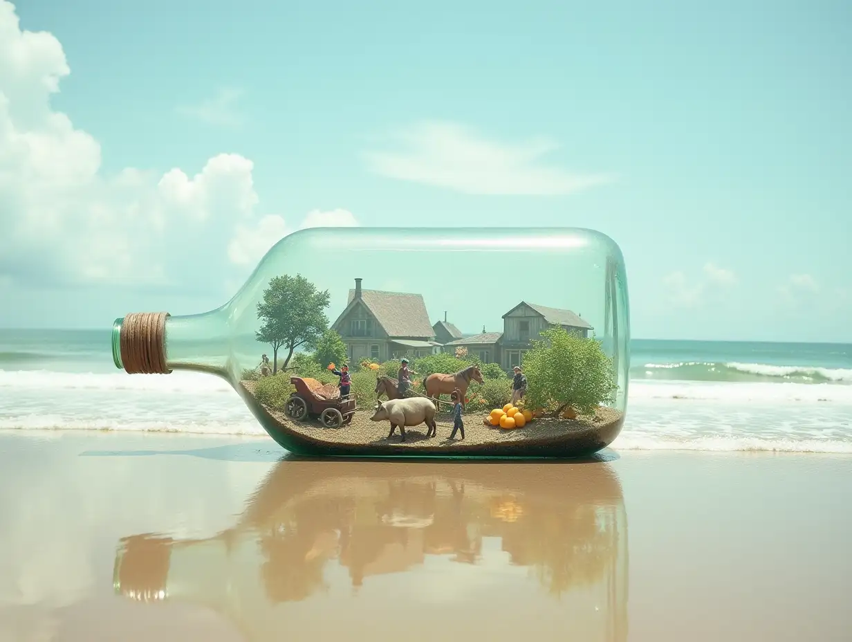 In a beautiful beach there is a large glass bottle, inside is a small village, with many tiny people, with fruit plantation, carriage, horses, pigs, quite big-real photo, triple exposure, basic idea of something beautiful picture