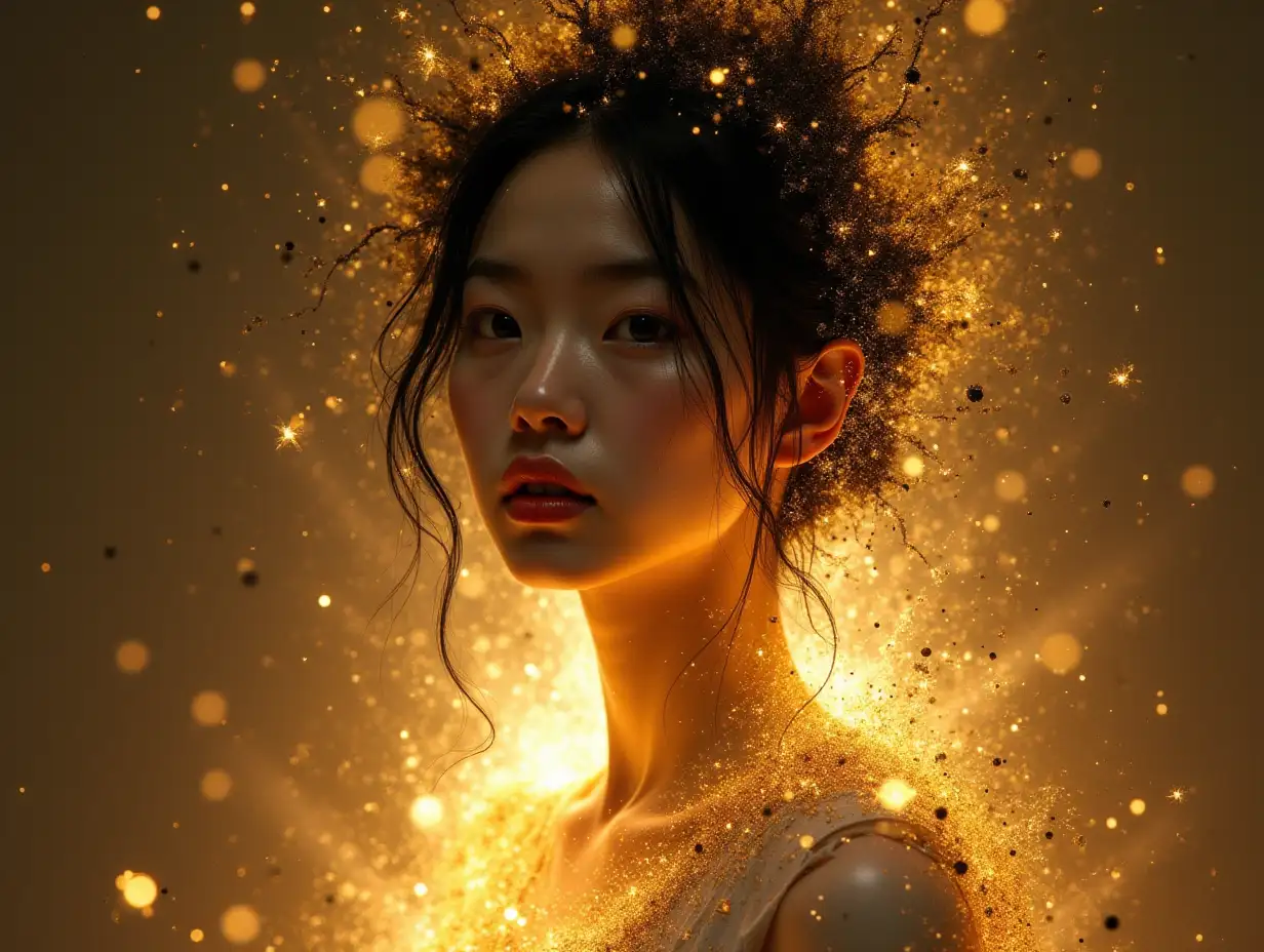 a young japanese female figure emerging from an abstract explosion of light and paint splatters. The woman's face is serene and emotionless, with soft, natural features and slightly downcast eyes, gazing ahead as if lost in thought. She has smooth, pale skin with minimal makeup, and her hair is abstractly incorporated into the light and gold elements, almost blending with them. The lighting is intense, highlighting her face and upper torso, giving a soft glow to her skin, dance pose. Surround her with swirling, chaotic strokes of black and gold paint, splashes, and glowing light trails.nThe background is a deep brown gradient that adds depth and contrast to the bright, chaotic foreground elements. The style is ethereal and abstract, with an emphasis on blending realistic portraiture with artistic, splattered effects and glowing light strokes. The camera angle is straight on, focusing on her face and upper body, with the rest of the figure gradually dissolving into the abstract design. The mood should feel mystical, modern, and dreamlike, with high contrast between the subject and the background, utilizing both smooth textures and rough, splattered elements.