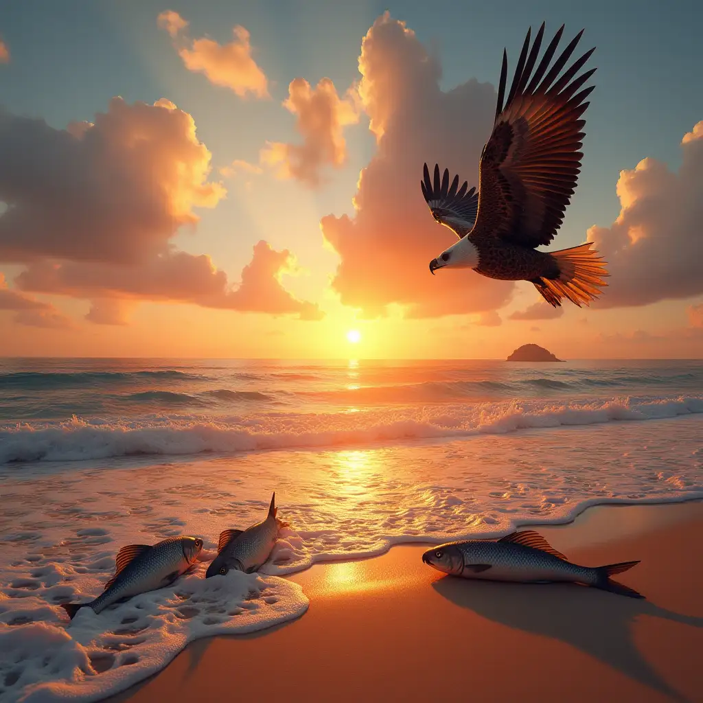 sunset at the beach, fish on the sand, eagle in the air