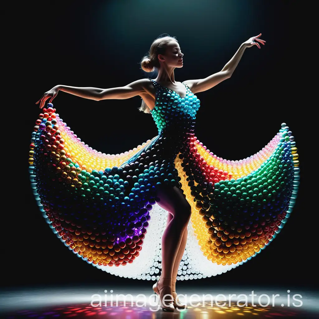 a woman dancing in a dress made of colored glass balls