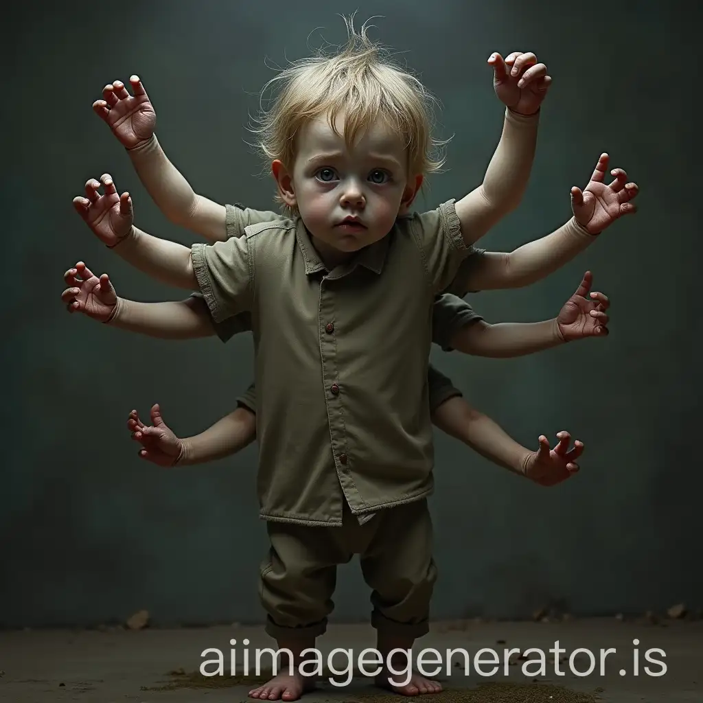Create the image of a child with 6 arms, serious and sad, realistic and terrifying
