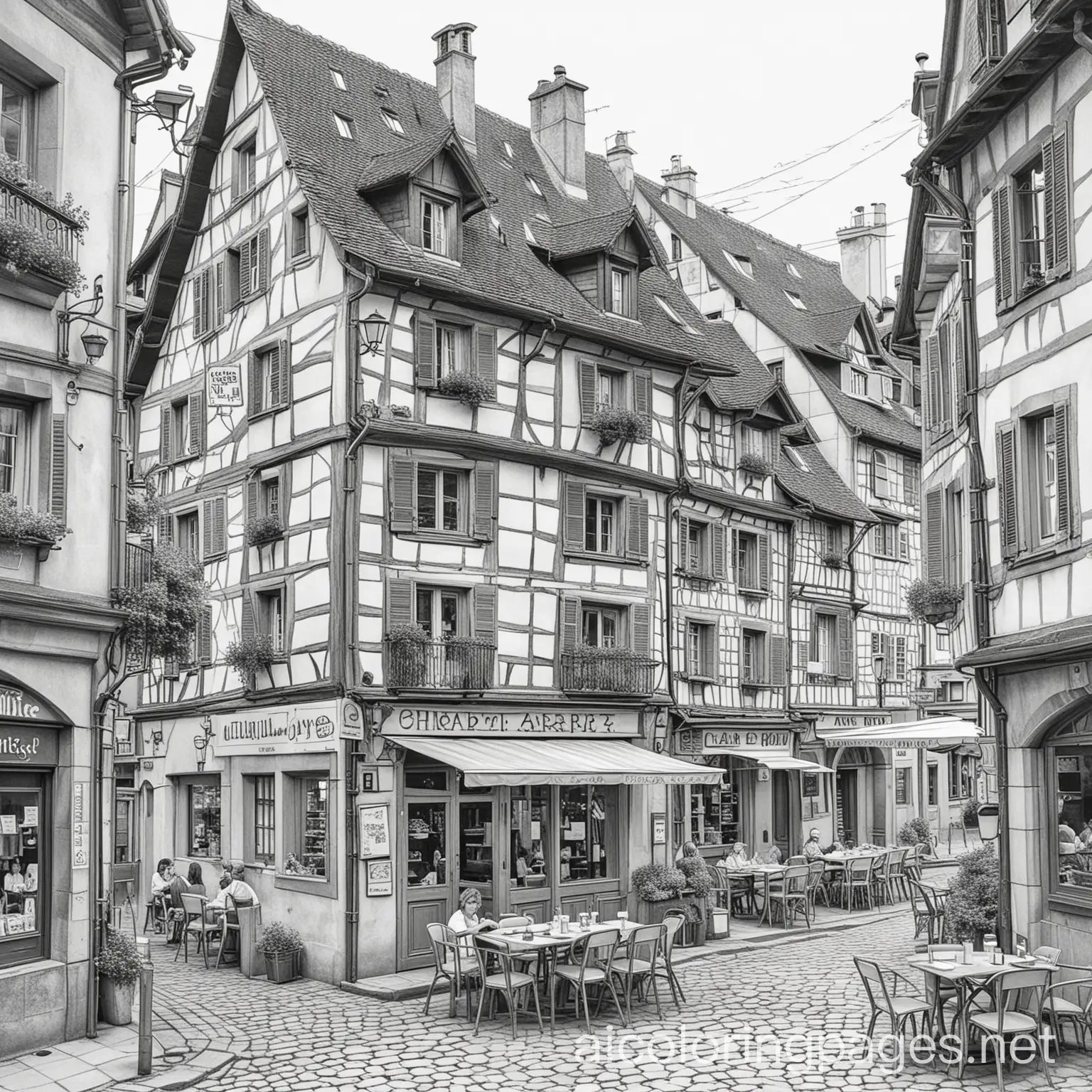 Street-Cafe-Scene-in-Colmar-France-with-Umbrellas-and-Terracotta-Roofs