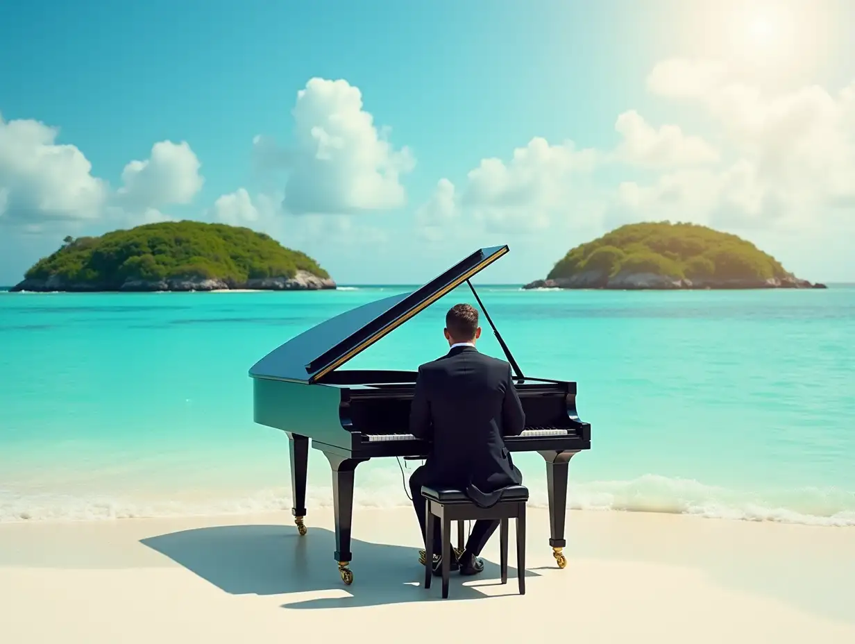 Elegant-Pianist-in-a-Black-Suit-on-a-Tropical-Beach