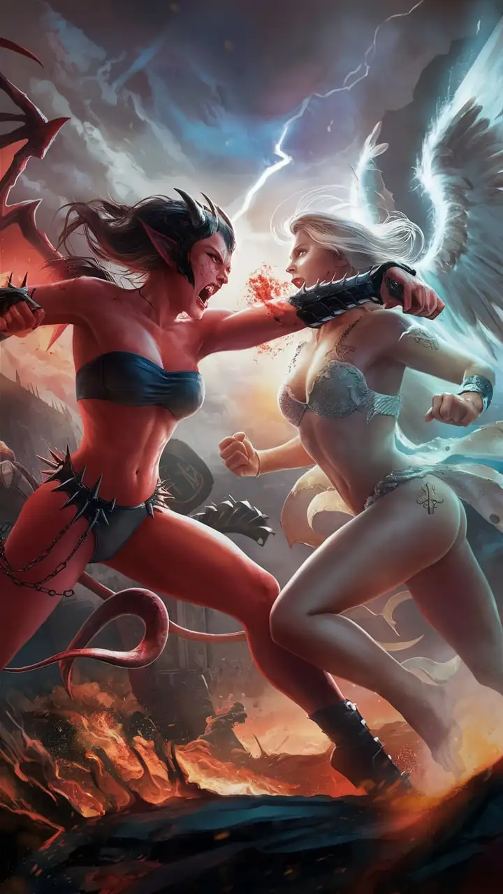 Demonic Warrior Clashes with Angelic Opponent in Intense Bikini Battle