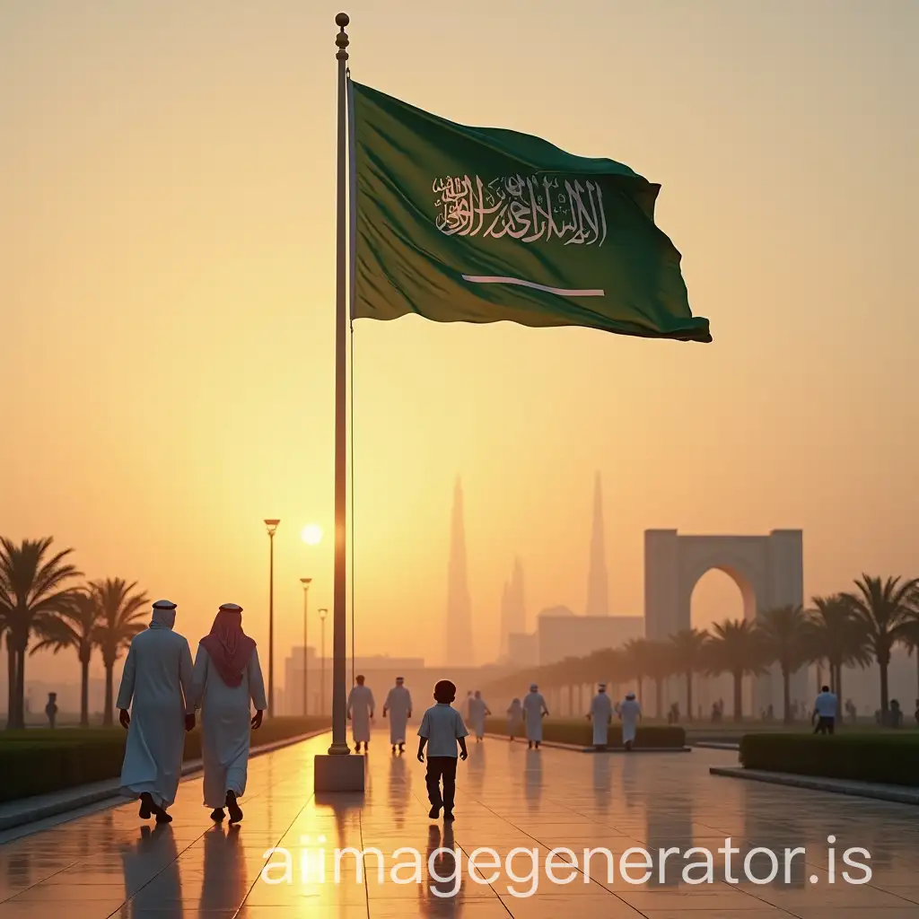 Saudi-Flag-in-King-Abdullah-Park-with-Citizens-and-Sunset