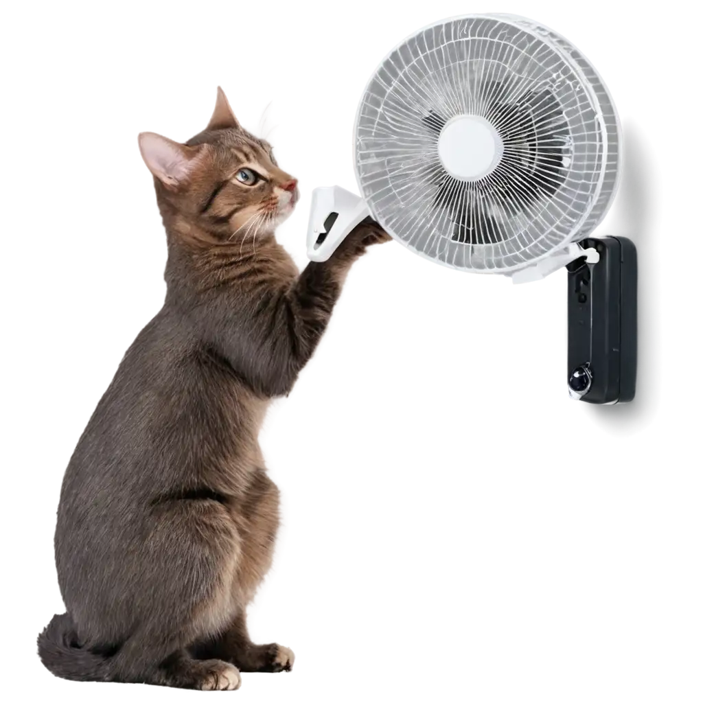 A cat fitting a fan on the wall