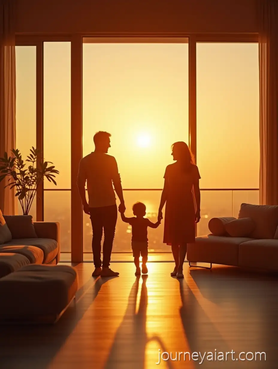 Happy-Family-Enjoying-Sunset-in-Modern-Elegant-Living-Room