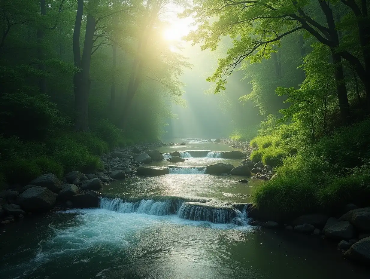 jungel fluss , sonnen aufgang, epic shot, foggy, low angle, hyperrealistic, lush and green nature