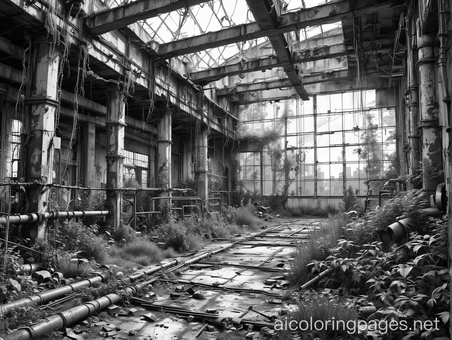 Abandoned-Ruined-Factory-Interior-with-Overgrown-Plants-Coloring-Page