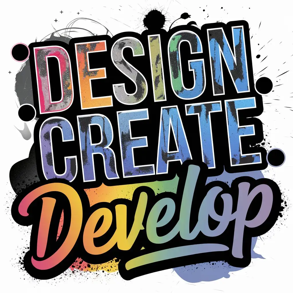 Typography design for 'Design.Create.Develop' with a graffiti-inspired look, using bold fonts with a worn, spray-painted texture. 'Design' and 'Develop' are in metallic blue with distressed, grunge textures, while 'Create' is a colorful, flowing script with a rainbow gradient. Background elements include paint splatters, abstract shapes, and ink blots around the text, creating a street art feel. Small decorative dots separate the words, adding a playful and artistic touch.