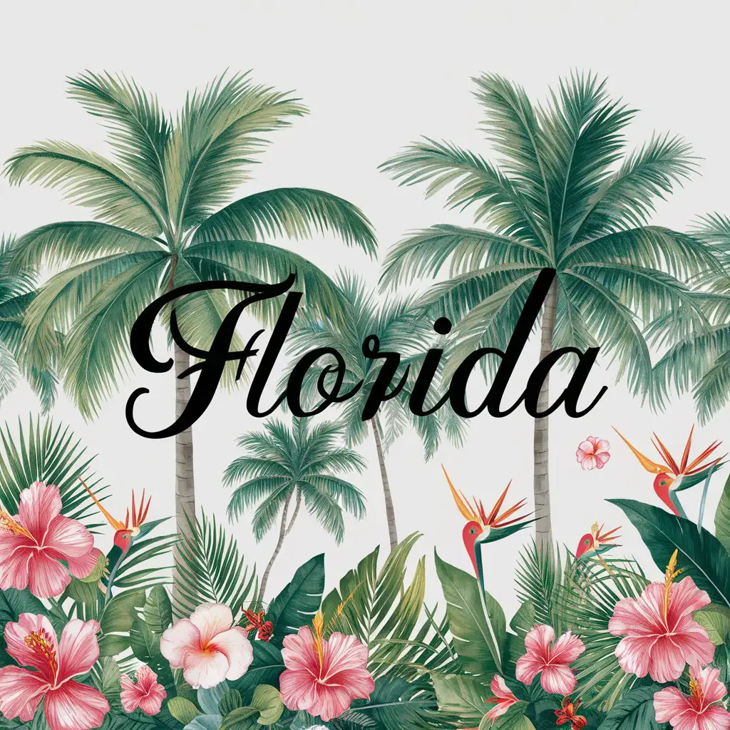 Tropical Palm Trees and Exotic Flowers Illustration