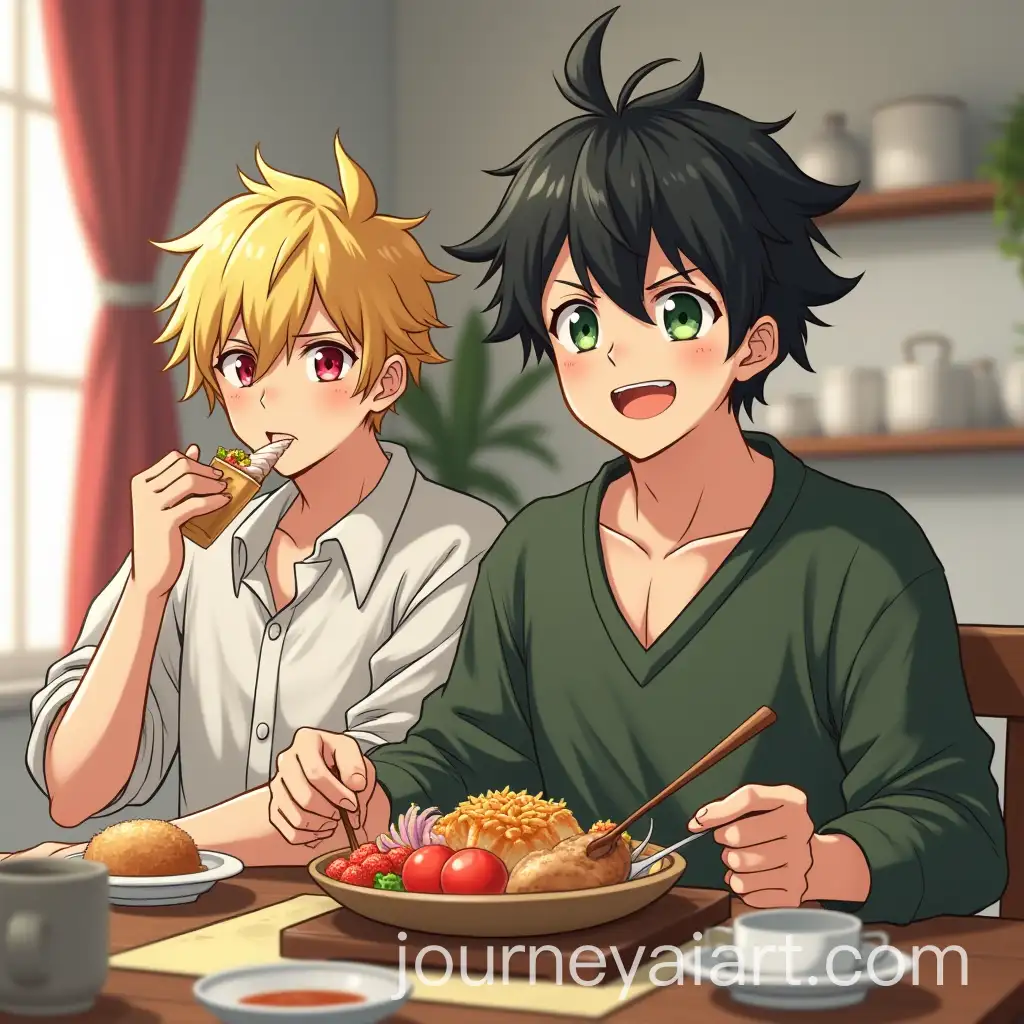 Fat-Japanese-Male-with-Green-Eyes-and-Black-Hair-Sitting-with-18YearOld-Japanese-Male-with-Blonde-Hair-and-Red-Eyes