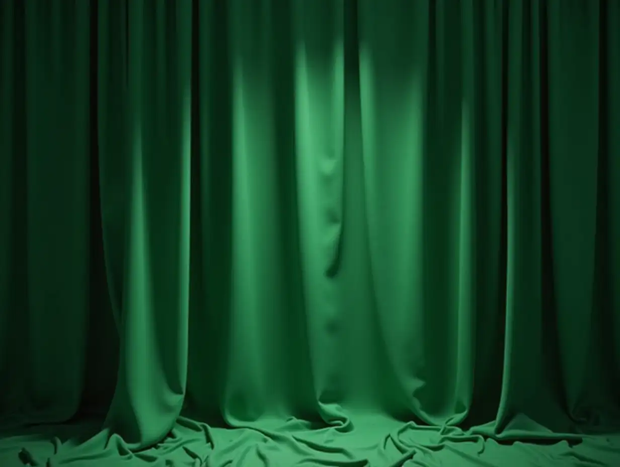 Thick, wrinkle-free green curtain that hangs without any folds, with only a few folds on the left and right sides each show unique textures and details. Use volumetric lights that increase the depth and atmosphere of the space and create soft, prominent shadows on the textiles.