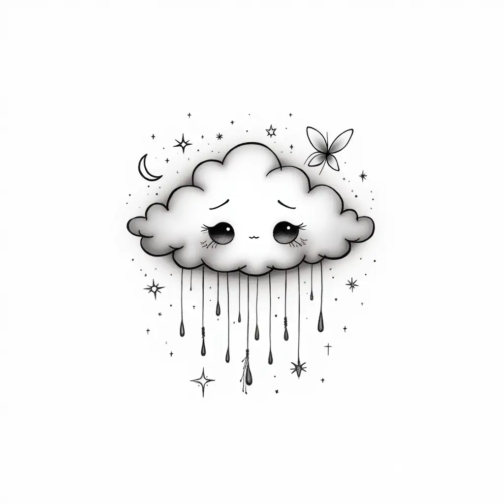 Black-and-White-Tattoo-Illustration-of-a-Melancholic-Cloud-with-Glowing-Raindrops-and-Celestial-Details