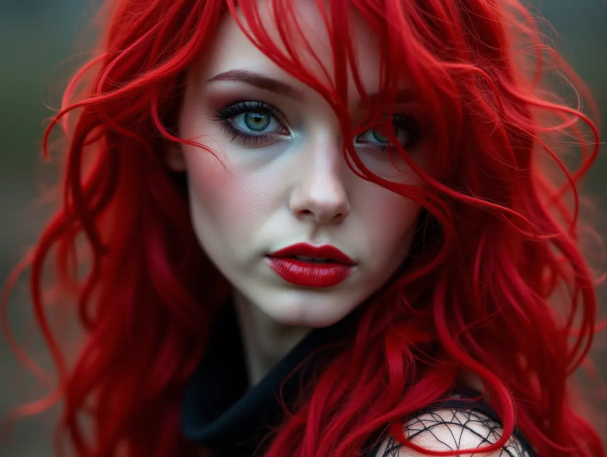 Depiction of a beautiful white woman with long red and black