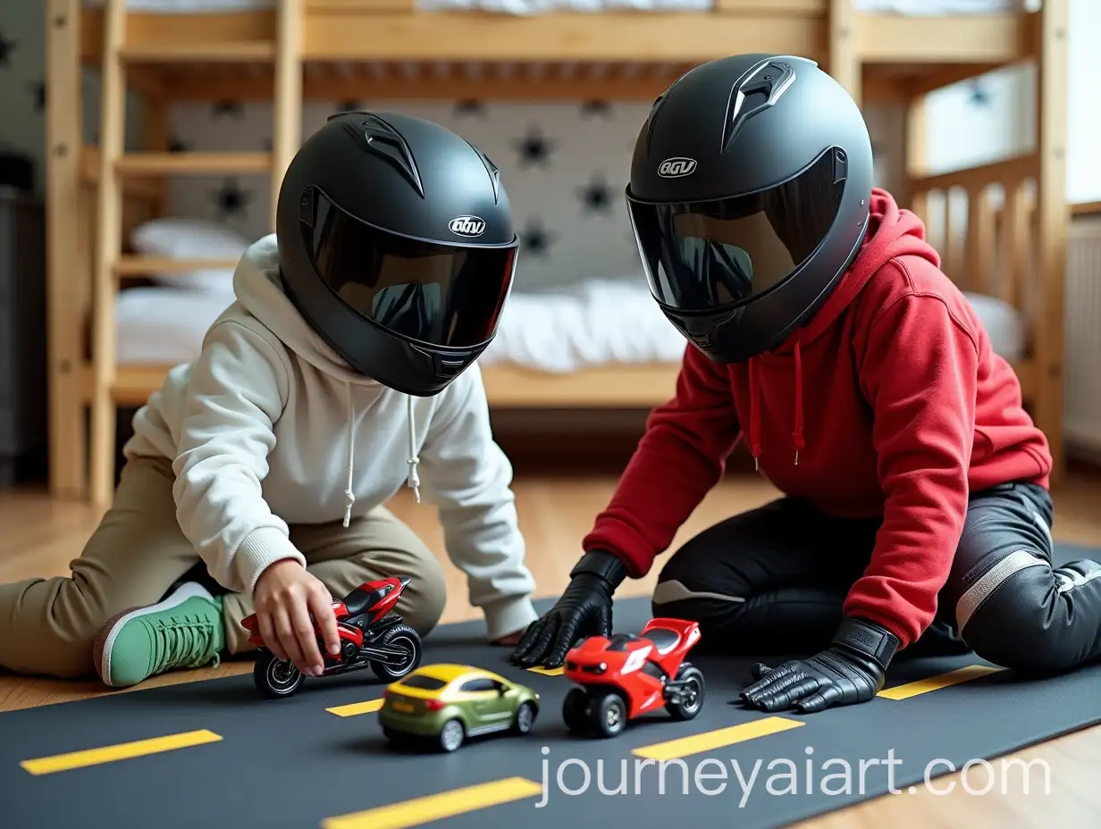 Children-Playing-with-Toy-Cars-and-Motorcycles-on-Road-Rug-in-Comic-Style