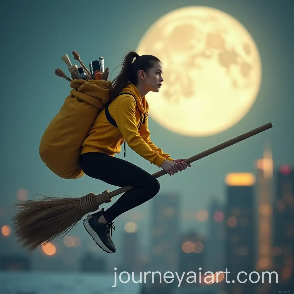 Young-Girl-Dressed-as-Befana-Flying-with-Gym-Equipment-under-Full-Moon