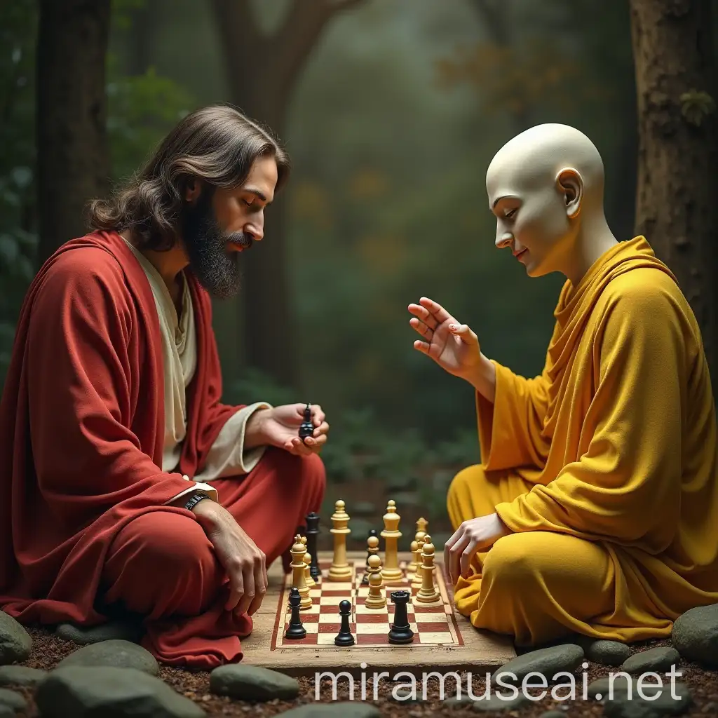 Divine Chess Match Jesus Christ and Buddha in a Spiritual Game