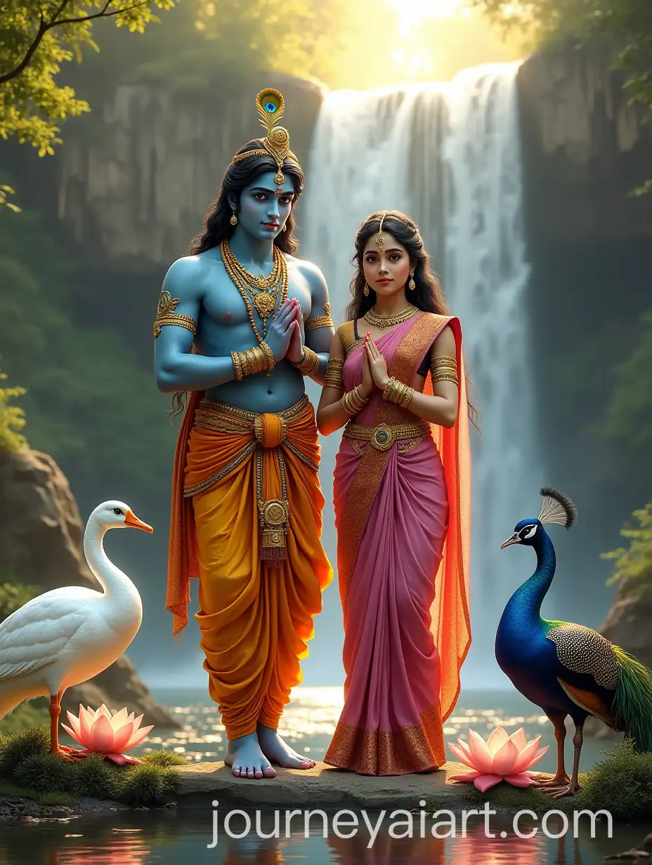 Radha-and-Krishna-in-a-Divine-Natural-Setting-with-Waterfall-Swans-and-Lotus-Flowers