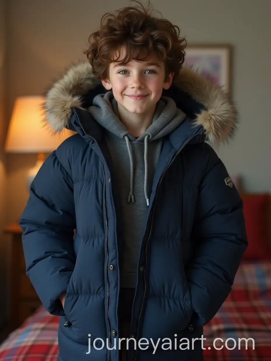 12YearOld-Boy-in-Oversized-Puffy-Winter-Coat-with-Fur-Hood-in-Bedroom