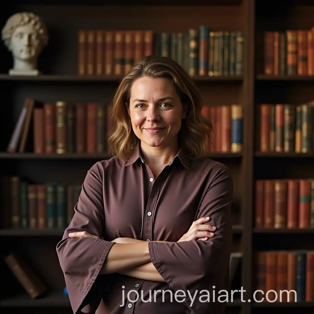 Presenter-in-Front-of-Camera-with-Philosophy-Books-and-Classical-Greek-Elements-Background
