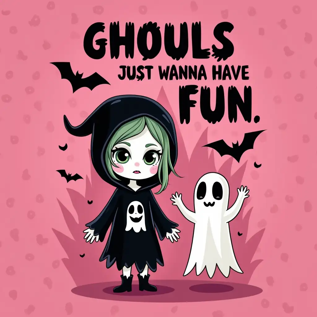 Vector illustration. A spooky Halloween-themed image with a cute, cartoonish ghoul girl in the foreground. The background should have a pink color with a pattern of bats and ghosts. The image should have bold, black text that reads 'Ghouls Just Wanna Have Fun.'