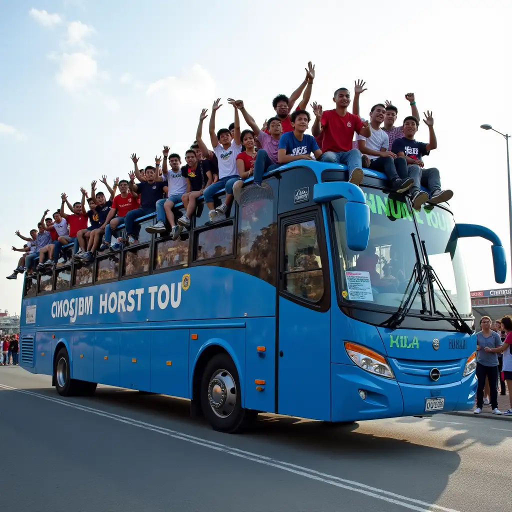 A blue bus full of fans who even occupy the roof of the bus, preparing to go to the stadium