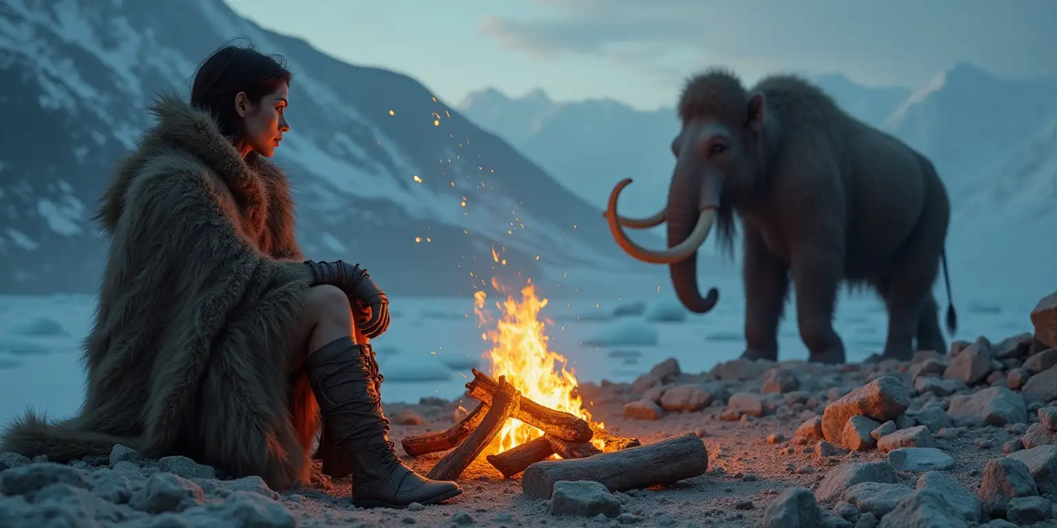 Ice Age Woman by Campfire with Mammoth in HyperRealistic Landscape