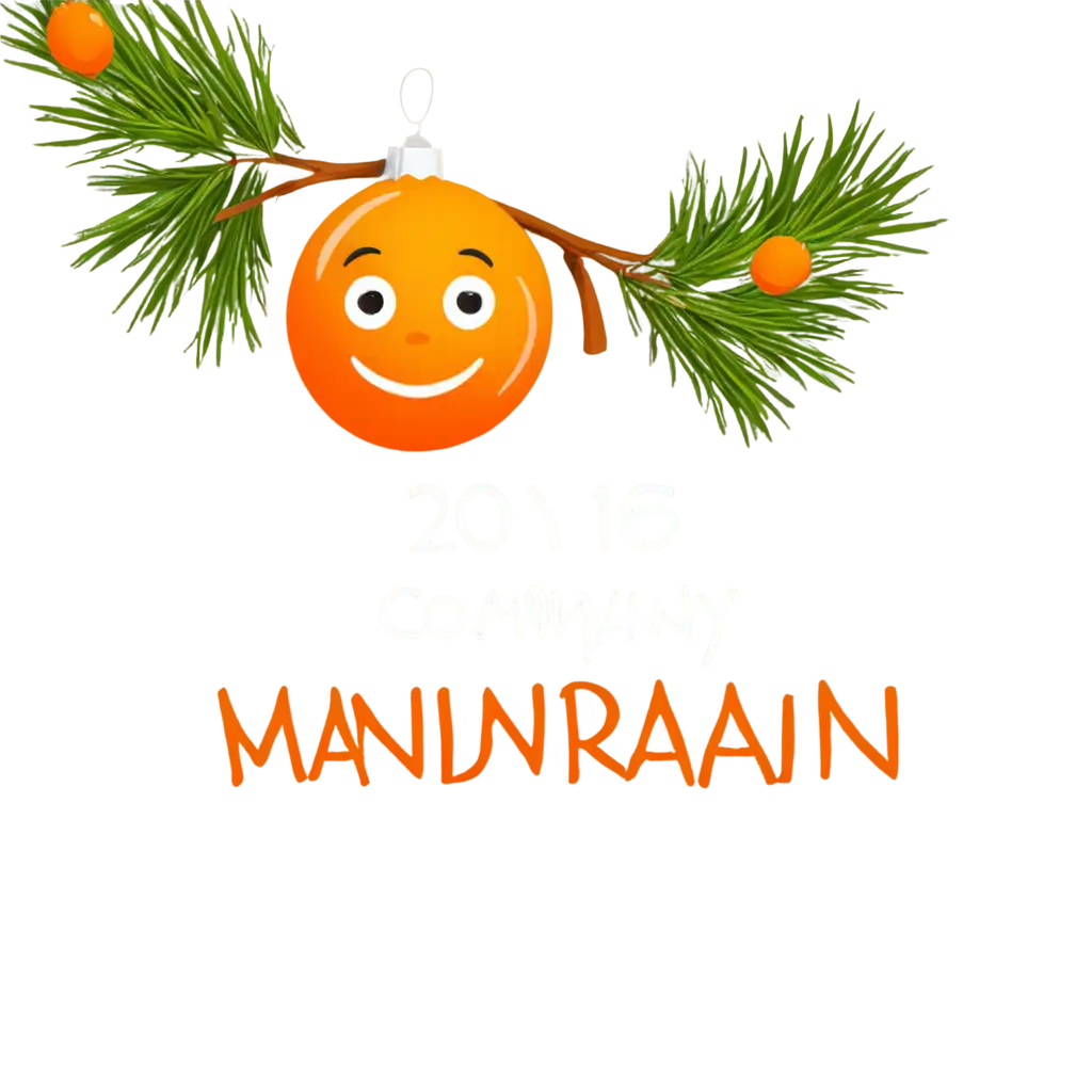 logo for the company Mandarin, a bright anthropomorphic mandarin in the form of a New Year's glass ball, instead of mandarin leaves - a Christmas tree coniferous branch, creative style, modern design, funny mascot character, orange color, playful style, text in a funny font, graphic element with mandarins or a mascot, bright orange-yellow-red colors