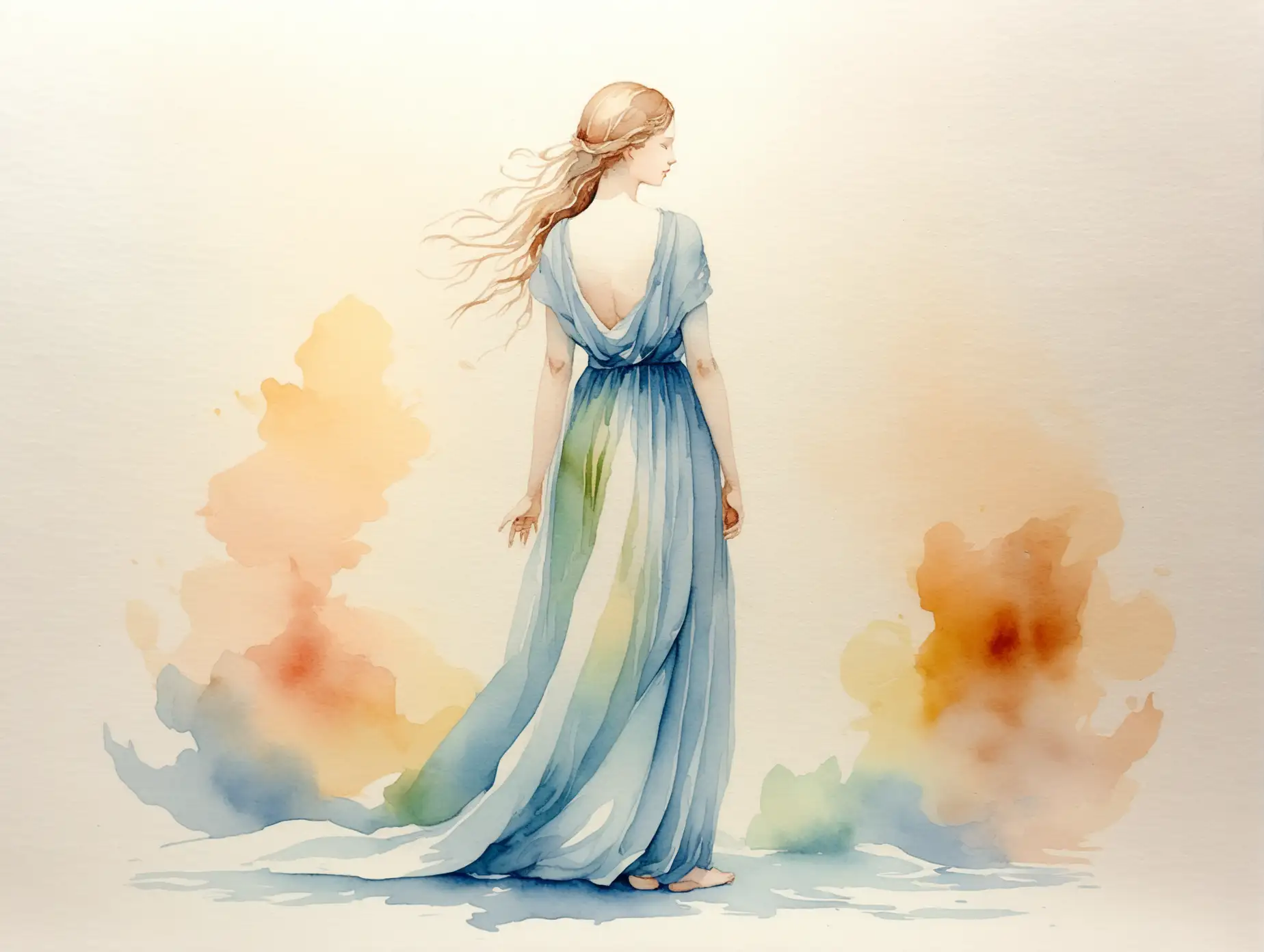 A watercolor image similar to classical drawings, showing a person engaged in creativity standing full length or half-length. The image is made in tender tones