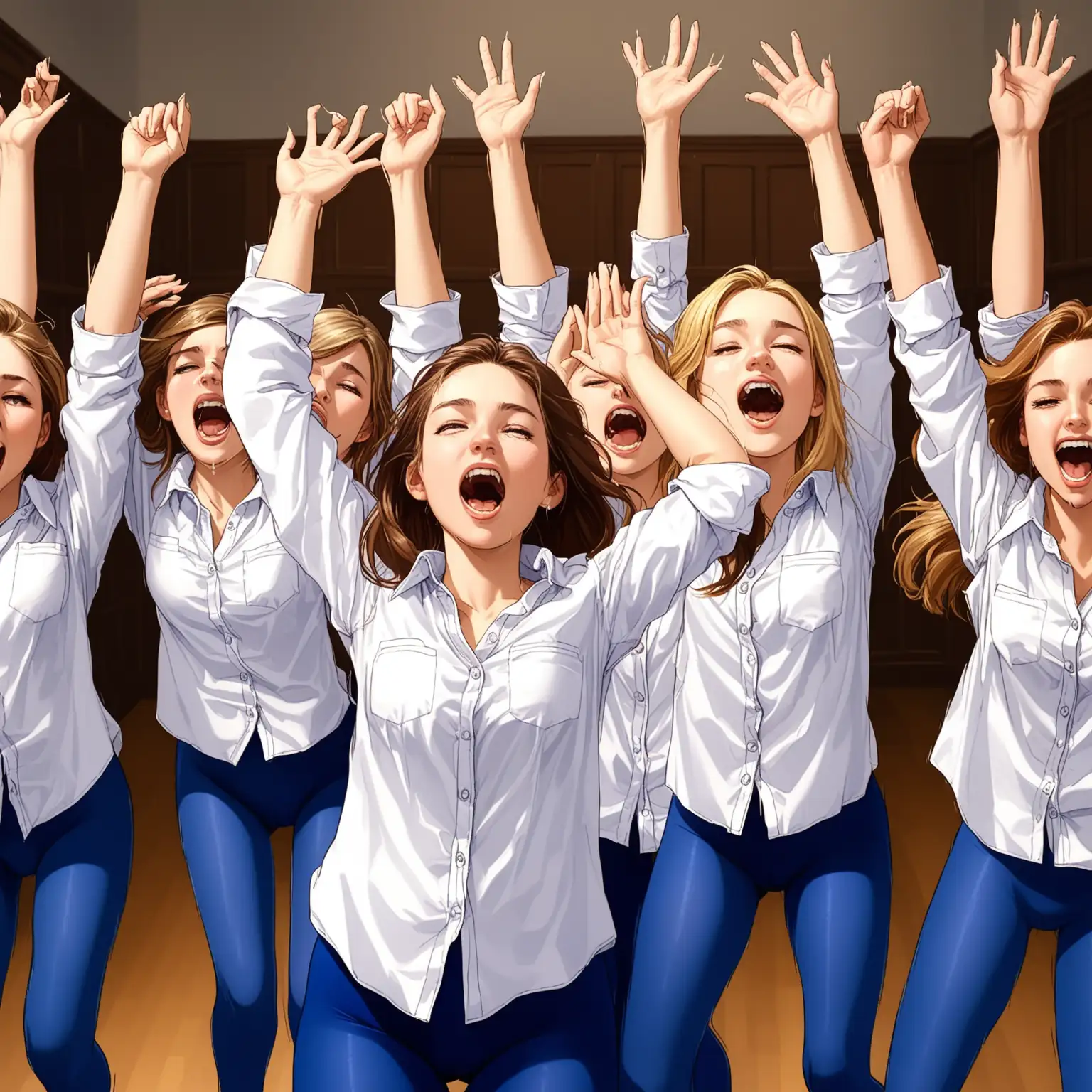 Sorority Initiation College Women in White Shirts and Blue Tights Raising Arms for Tickling