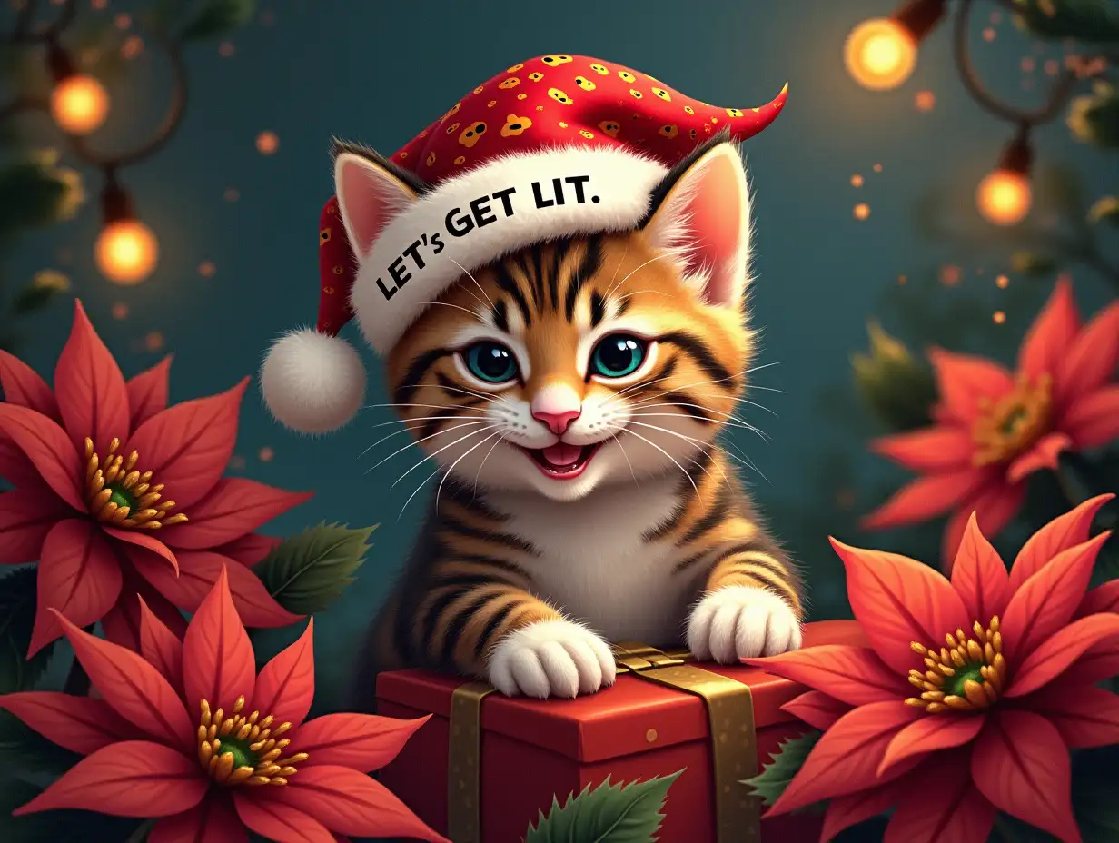 digital art. Oil painting. featuring the word 'LET'S GET LIT' in bold. A playful kitten with a mischievous grin, wearing a festive Christmas hat adorned with leopard print. The kitten is surrounded by vibrant poinsettias, twinkling lights, and a beautifully wrapped gift. The overall style is detailed and colorful, capturing the joy and excitement of the holiday season.