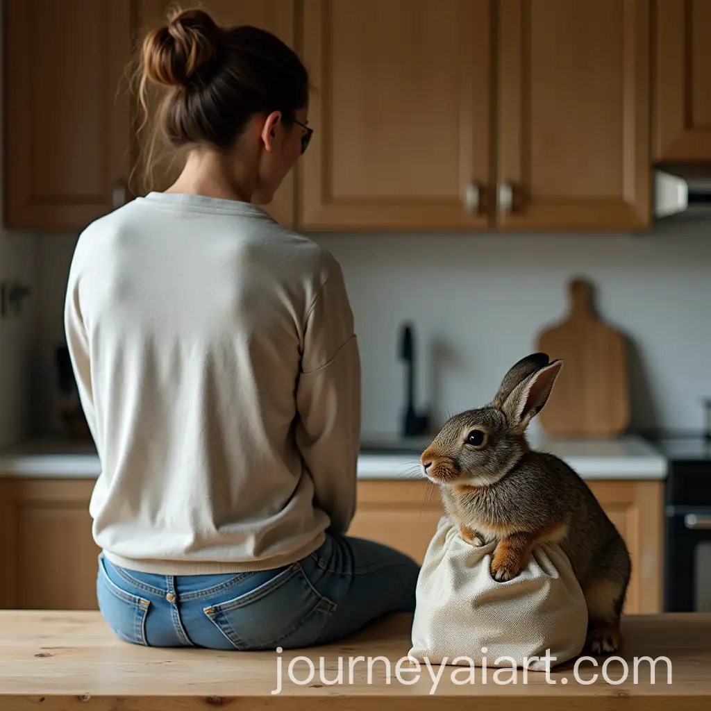 AI-Image-Prompt-ExpansionWoman-Sitting-on-Kitchen-Counter-with-Fabric-Bag-Containing-Wild-Rabbit