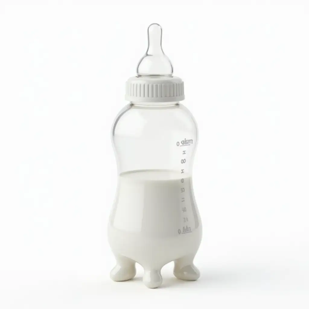 Create a hyper-realistic image of a transparent baby’s milk bottle 🍼 that is uniquely shaped like a cow’s udder. The entire bottle maintains the clear, see-through material of a standard baby bottle, showing the milk inside. Instead of a traditional bottle shape, the main body mimics the organic form of a cow’s udder, complete with four teat-like extensions at the bottom. One of the teats functions as the bottle's nipple, perfectly designed for drinking, while the others retain the natural udder-like appearance. The bottle includes subtle measurement markings on the side, a standard screw-on cap at the top, and a gentle curve for ergonomic handling. The background is plain white to highlight the surreal yet functional design.