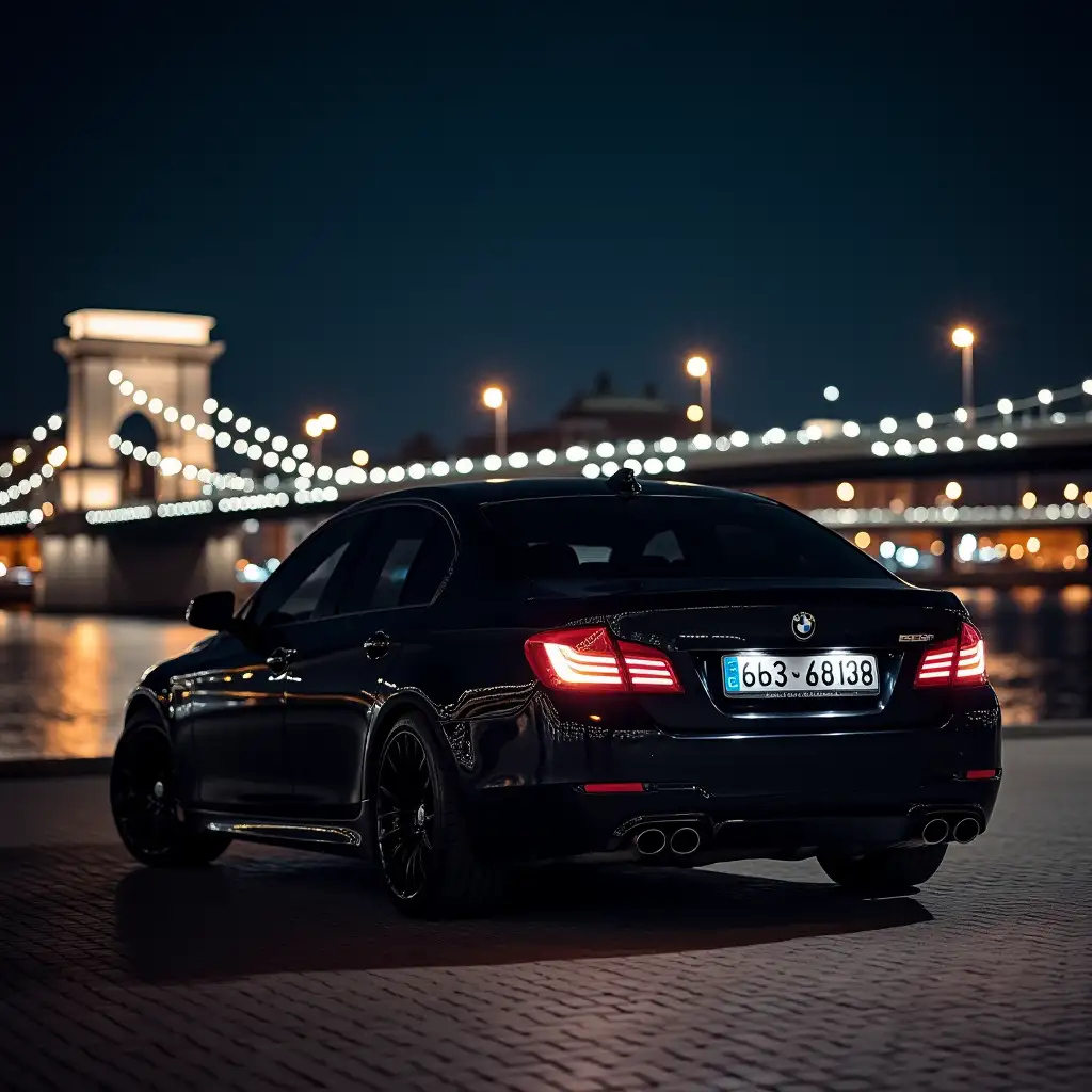 Black BMW e90 in the night time under the lamp Against the background of drawbridges in Saint Petersburg