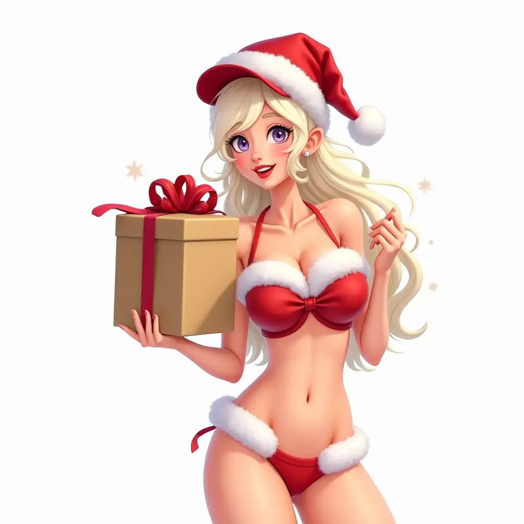 Animated flirtatious Snow Maiden with light hair in an interesting flirtatious pose, in a red swimsuit with white fur bikini top and bottom and a red cap, holding a large craft box gift, smiling, digital illustration, white background, New Year, snowflakes, high detail