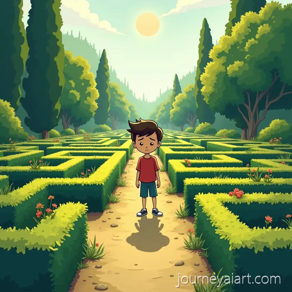Cartoon-Illustration-of-UnAI-Image-Prompt-Expansionhappy-10YearOld-Boy-Entering-a-Garden-Surrounded-by-a-Low-Hedged-Maze