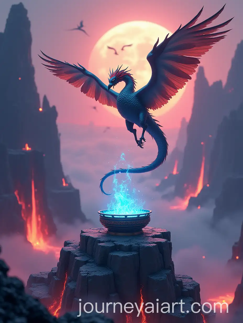 Epic-Fantasy-Scene-of-a-Drake-Perching-on-a-Floating-Bronze-Altar-with-Lava-and-NineHeaded-Birds
