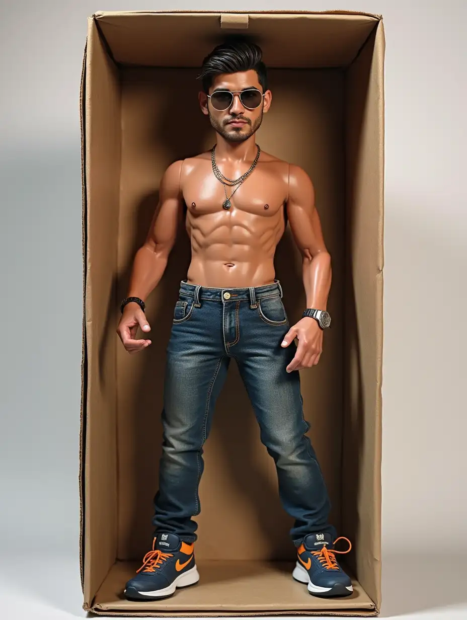 Create a collectible action figure of a human - like an expensive toy in packaging. Full size character with hands on hips. The character should give off a vibe of a cool person.