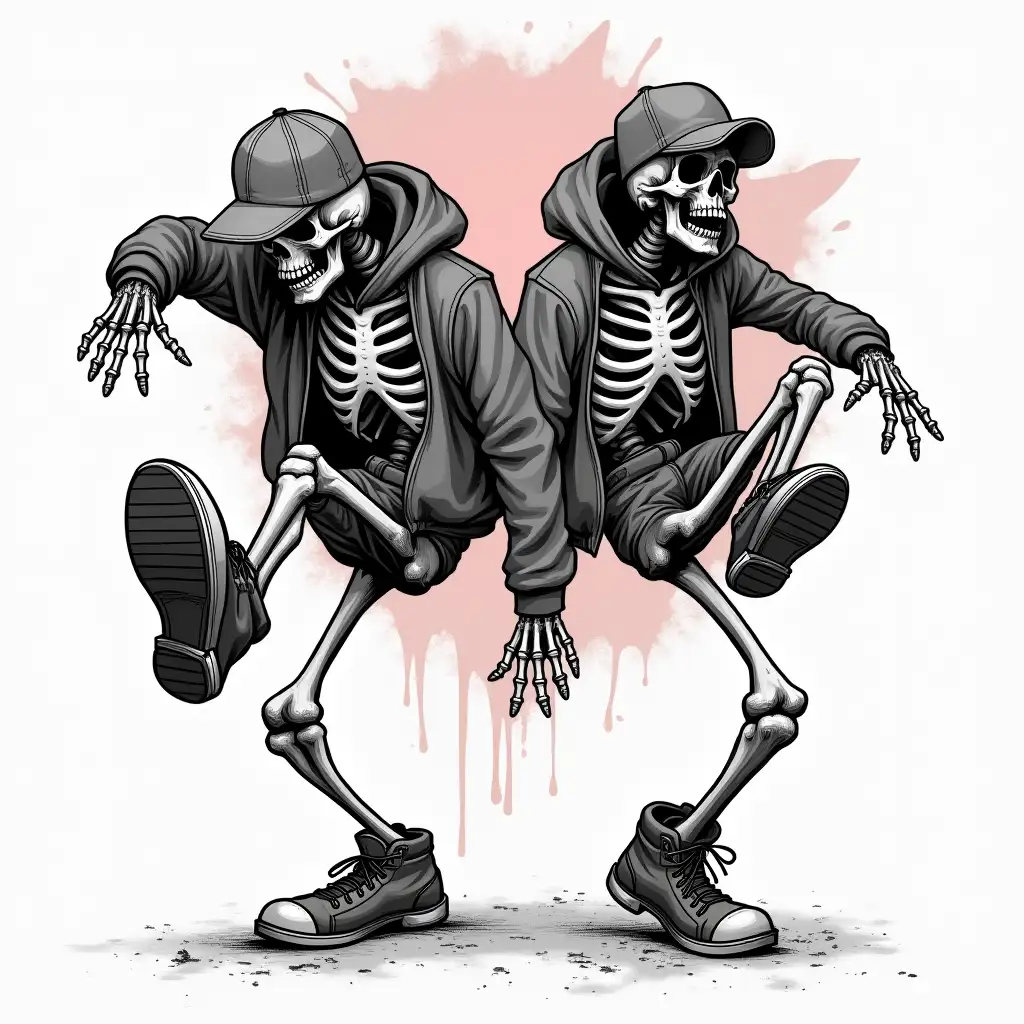 Dynamic Street Art Style Playful Skeletons Breakdancing in Urban Hoodie Jackets