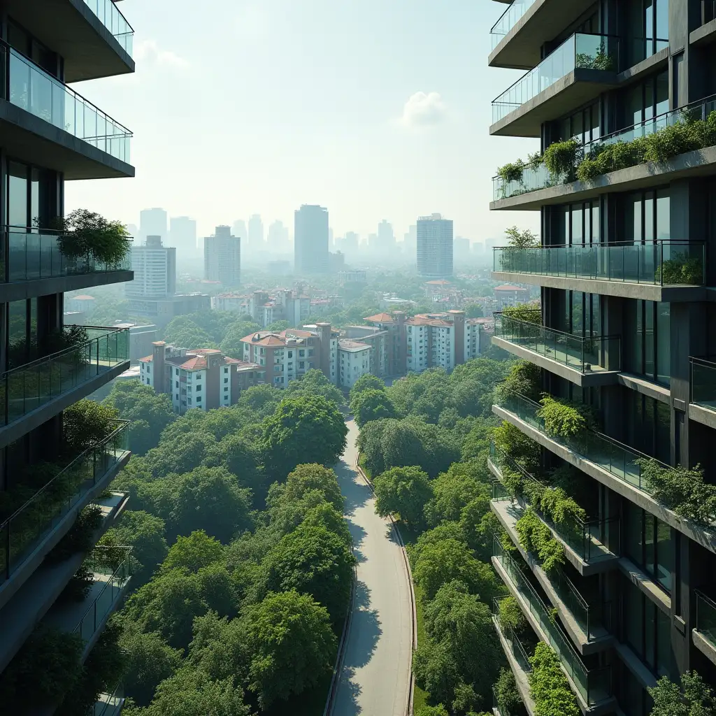 A view from the top of a very tall building, inserted in an urban but very natural context.