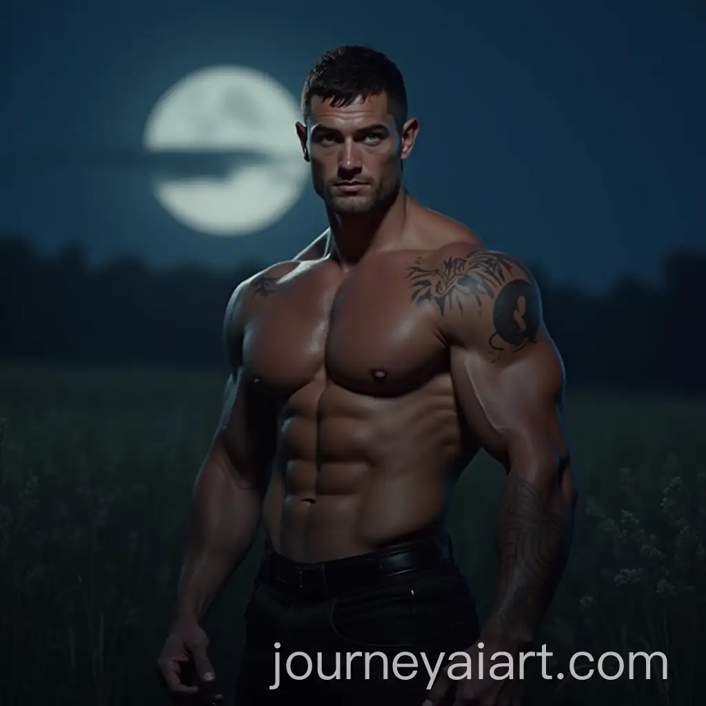 Muscular-Man-with-Bright-Blue-Eyes-Standing-in-Moonlight-on-a-Meadow