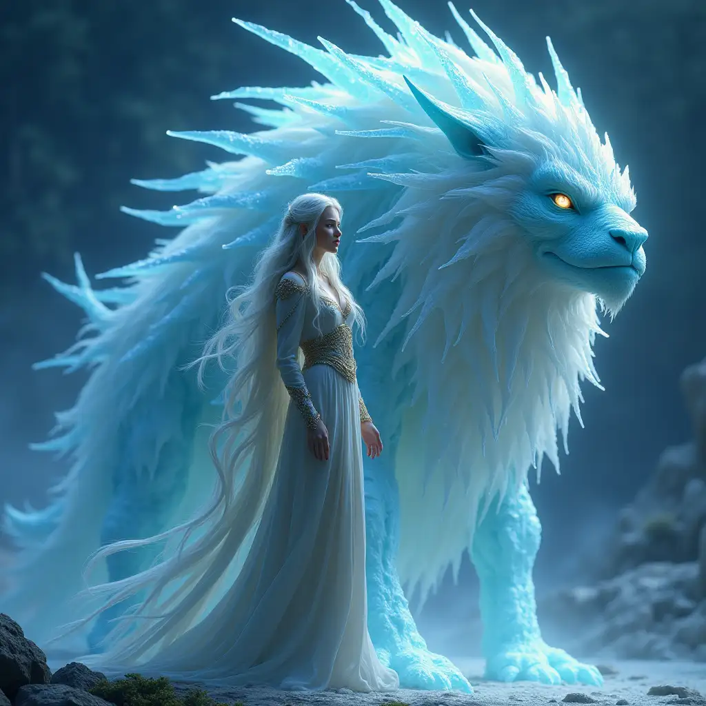 an elven lady, standing tall and graceful with flowing silver hair that glows under the moonlight. Her eyes sparkle like emeralds, reflecting wisdom and a deep connection to nature. She’s donned in elegant robes of ethereal fabrics, woven with threads of gold and enchanted with subtle glimmers of light. Beside her stands a majestic ice monster—a creature of sheer power and grace. Its body is composed of crystalline ice, shimmering with shades of blue and white, resembling the frost-kissed peaks of a mystical mountain. The ice monster’s eyes radiate a calm, ancient power, and it exudes an aura of protection, ensuring that no harm comes to its elven companion. Together, they look like an unbeatable duo, ready to face whatever adventures the enchanted realm has in store for them.