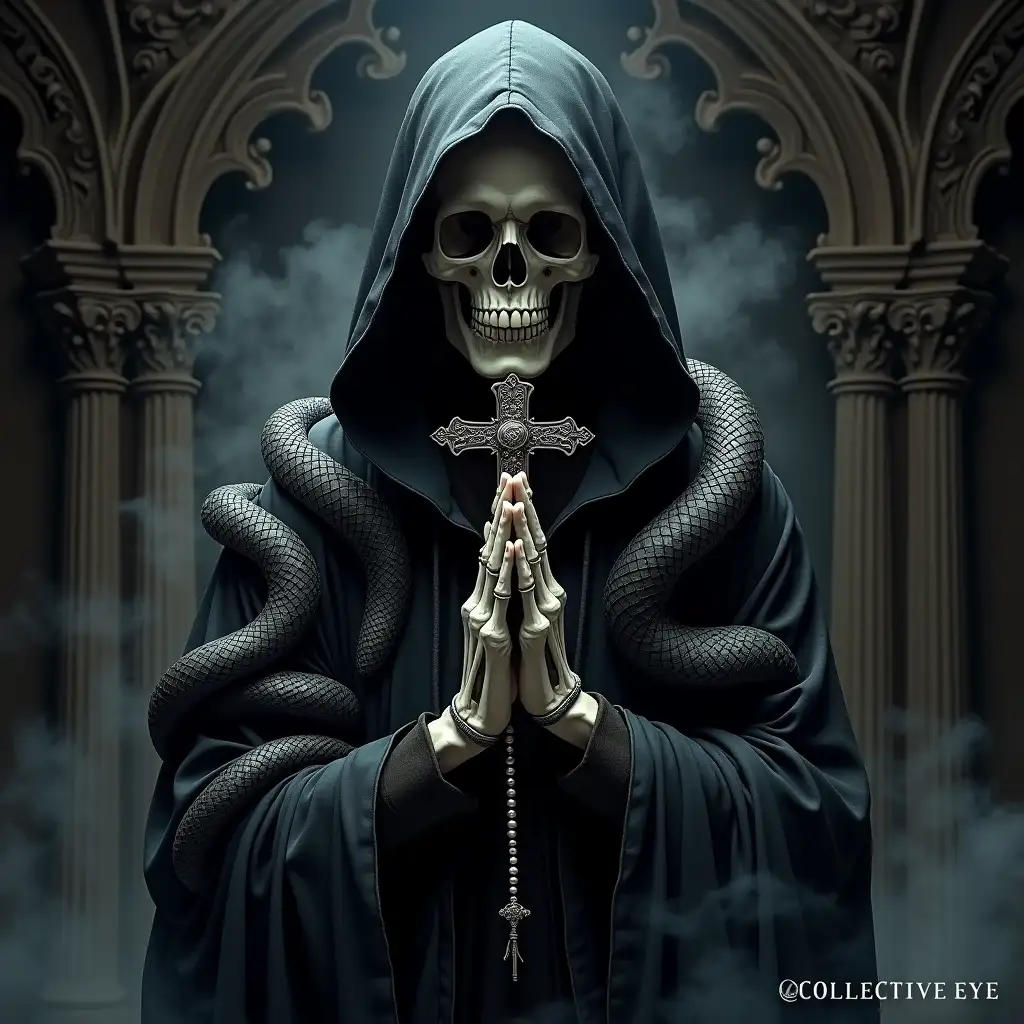 Create an image that depicts a dark and gothic-themed illustration of a realistic skeletal figure cloaked in a tattered, black hooded robe. The skeletal face, which is detailed with sharp features and hollow eye sockets, is centered in the frame. The hands of the figure are clasped in a prayer-like gesture, with intricate rosary beads draped around them. At the center of the clasped hands is an ornate silver cross with elaborate designs. The background is shadowy and ornate, featuring subtle carvings or gothic architectural elements, adding depth and mystery to the composition. The overall lighting emphasizes high contrast, with bright highlights on the bone structure and the cross, against the dark shadows of the robe and background, creating a dramatic and ominous atmosphere. Wrapped around the skeletal figure is a large, detailed snake, coiled tightly and winding around its contours. The snake has a scaly, textured body, and its head is positioned to the side, staring outward with an intense gaze. The intertwining of the snake and skull symbolizes themes like death, wisdom, or mysticism. All around the skeletal figure, there are clouds of smoke, adding a sense of movement and mystery. The imagery has a written caption of “COLLECTIVE EYE” near the bottom of the image, written in a bold, clean font. Below that, there is a hashtag “#A1CE,” suggesting a possible brand or design label.