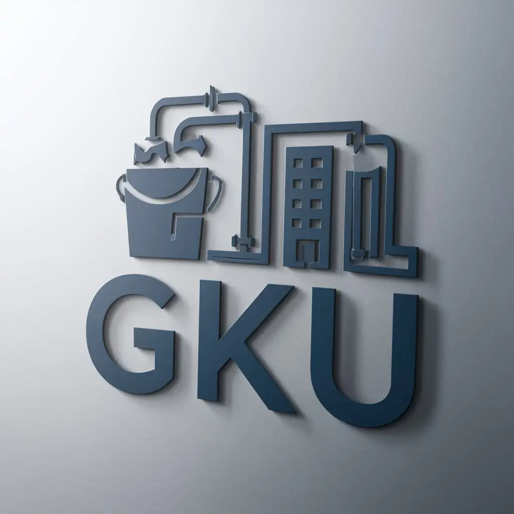 a logo design,with the text "GKU", main symbol:bucket of paint, water pipes, office building,Moderate,be used in construction industry,clear background