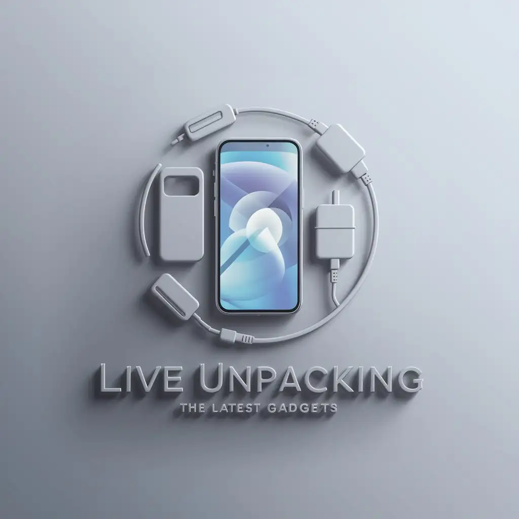 a logo design,with the text "Live Unpacking", main symbol:phone, smartphone, phone case, charging adapter, charging cable,Moderate,be used in Technology industry,clear background